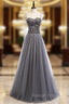 A-Line Gray Tulle Spagehtti Straps Sequins Prom Dress