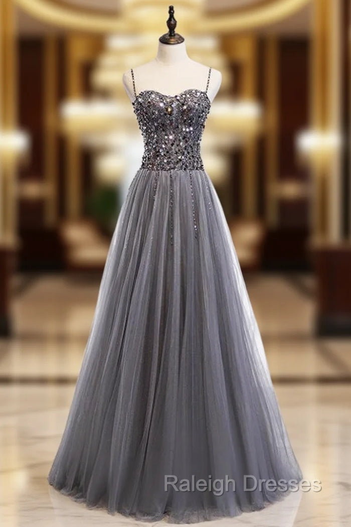 A Line Gray Tulle Spagehtti Straps Sequins Prom Dresses