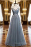 A-Line Gray Tulle Spaghetti Straps Sequins Prom Dress
