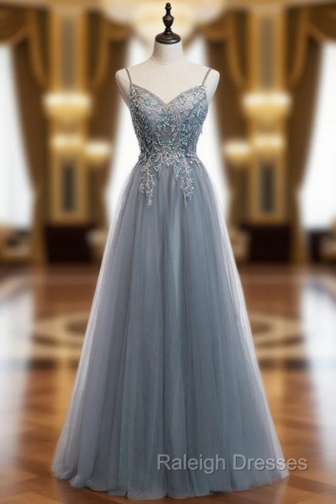 A Line Gray Tulle Spaghetti Straps Sequins Prom Dresses Main image