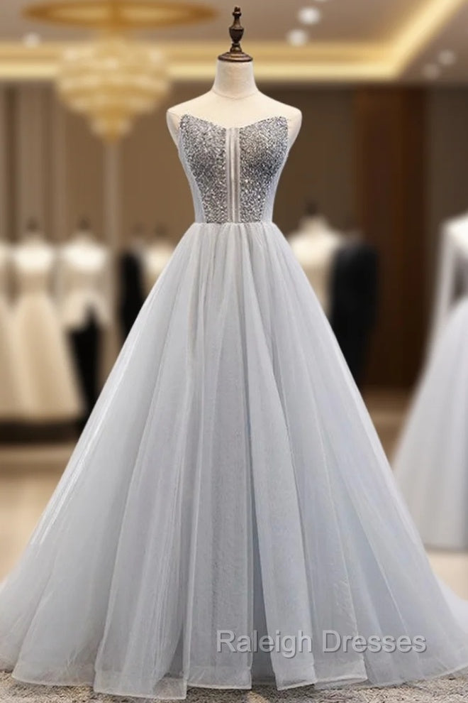 A Line Gray Tulle Sweetheart Beading Prom Dress