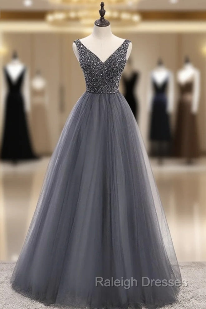 A Line Gray Tulle V Neck Backless Beading Prom Dress Main image