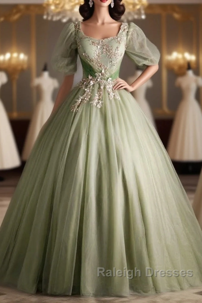 A Line Green Applique Prom Dress Sweet Tulle Birthday Party Dress Main image