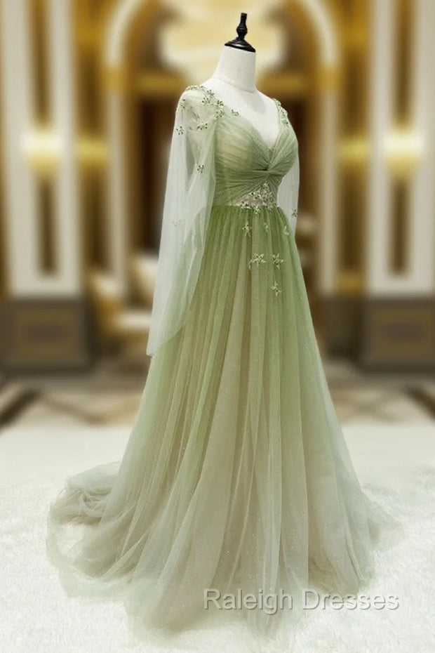 A-line Green Gradient Puffy Sleeves Tulle Long Party Dress, Green Long Prom Dress Main image