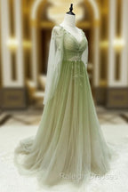 A Line Green Gradient Puffy Sleeves Tulle Long Prom Dresses Green Long Prom Dresses