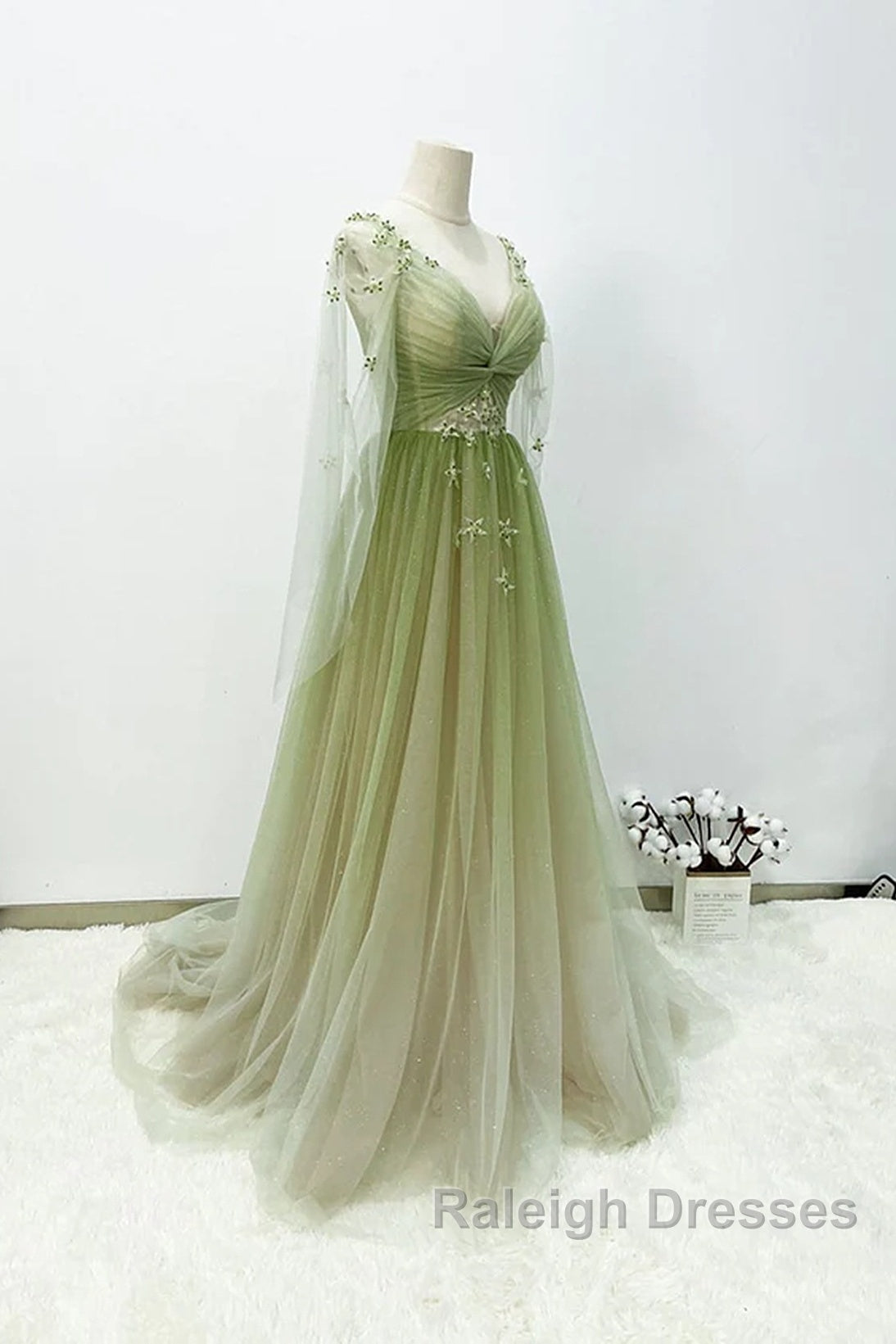 A-Line Green Gradient Tulle Long Sleeves Party Dress, V-Neckline Green Formal Dress Prom Dress Secondary image