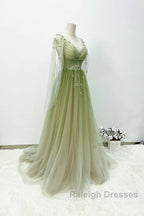 A-Line Green Gradient Tulle Long Sleeves Party Dress, V-Neckline Green Formal Dress Prom Dress