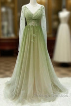A-Line Green Gradient Tulle Long Sleeves Party Dress, V-Neckline Green Formal Dress Prom Dress