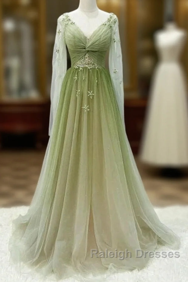 A Line Green Gradient Tulle Long Sleeves Prom Dresses V Neckline Green Prom Dresseses Main image