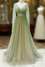 A Line Green Gradient Tulle Long Sleeves Prom Dresses V Neckline Green Prom Dresseses