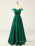 A-Line Green Off Shoulder Long Prom Dresses, Green Formal Evening Dresses
