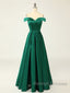 A-Line Green Off Shoulder Long Prom Dresses, Green Formal Evening Dresses