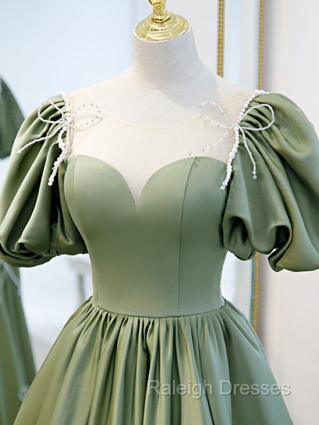 A Line Green Puffy Sleeve Satin Short Prom Dress, Green Short Formal Dress