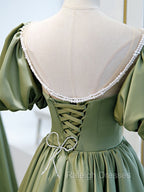 A-Line Green Puffy Sleeve Satin Short Prom Dress, Green Short Formal Dress