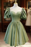 A-Line Green Puffy Sleeve Satin Short Prom Dress, Green Short Formal Dress