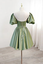 A-Line Green Puffy Sleeve Satin Short Prom Dresses Homecoming Dresses