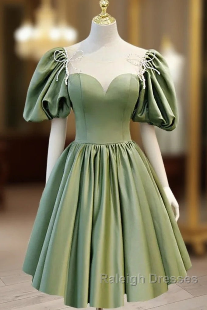 A-Line Green Puffy Sleeve Satin Short Prom Dresses Homecoming Dresses