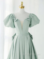 A Line Green Puffy Sleeve Short Prom Dresses Green Prom Dresses