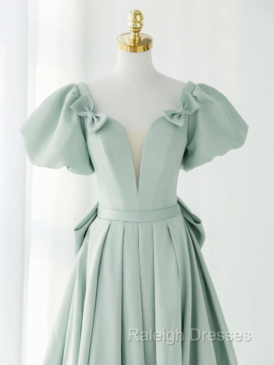 A Line Green Puffy Sleeve Short Prom Dresses Green Prom Dresses