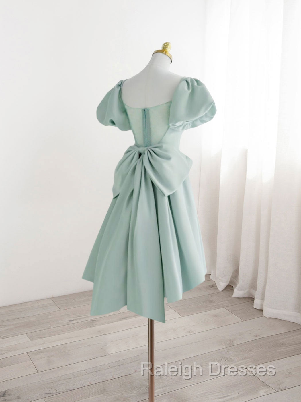 A-Line Green Puffy Sleeve Short Prom Dress, Green Formal Dress Secondary image