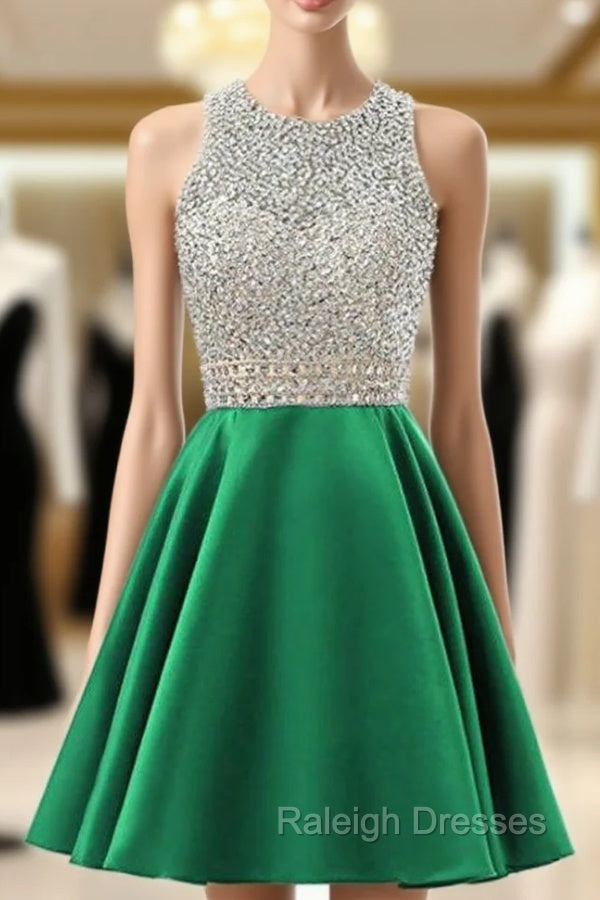 A-Line Green Satin Backless Beading Sequins Homecoming Dress