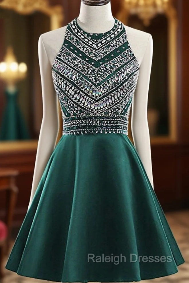 A-Line Green Satin Crystal Short Homecoming Dress Main image