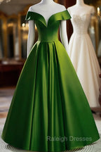A-Line Green Satin Floor Length Party Dress, Green Long Formal Dress