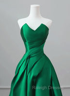 A-line Green Satin Lace-up Floor Length Party Dress, Green Satin Prom Dress