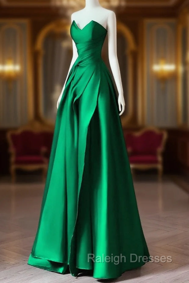 A Line Green Satin Lace-up Floor Length Prom Dress, Green Satin Prom Dress Main image