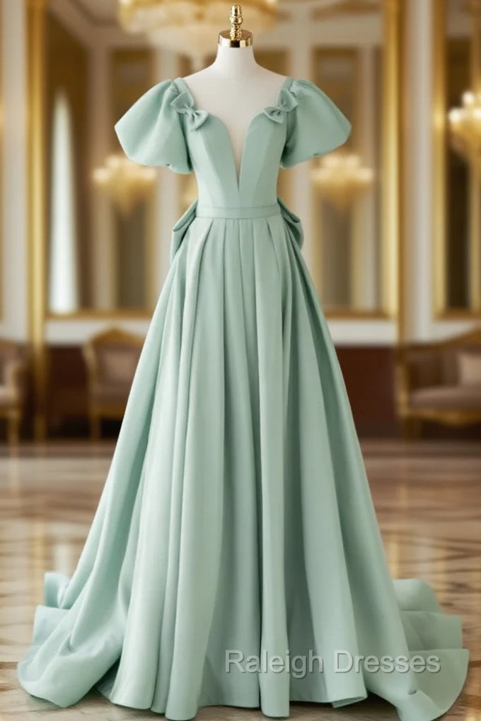A-Line Green Satin Long Prom Dress, Green Long Evening Dress Main image