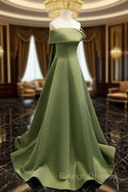 A-line Green Satin Off Shoulder Long Evening Dress, Green Floor Length Prom Dress