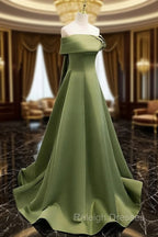 A Line Green Satin Off Shoulder Long Prom Dresses Green Floor Length Prom Dresses