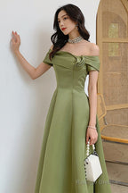 A-Line Green Satin Off Shoulder Long Party Dress, Green Floor Length Evening Dress Prom Dress