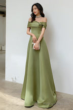 A-Line Green Satin Off Shoulder Long Party Dress, Green Floor Length Evening Dress Prom Dress