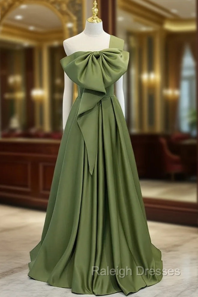A Line Green Satin One Shoulder Prom Dress With Bow Main image