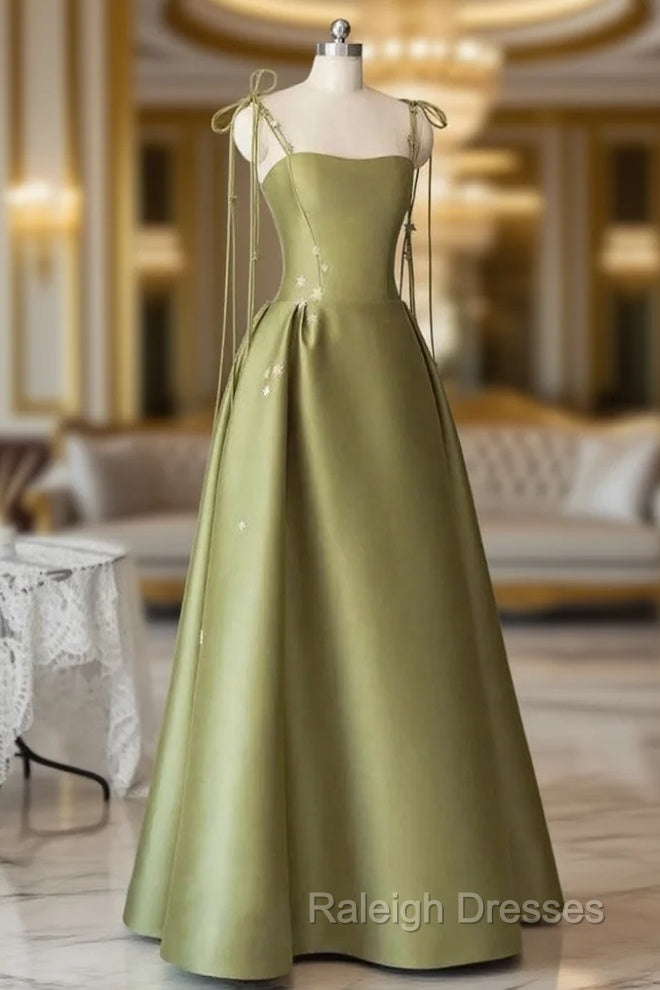 A Line Green Satin Spaghetti Straps Prom Dresses