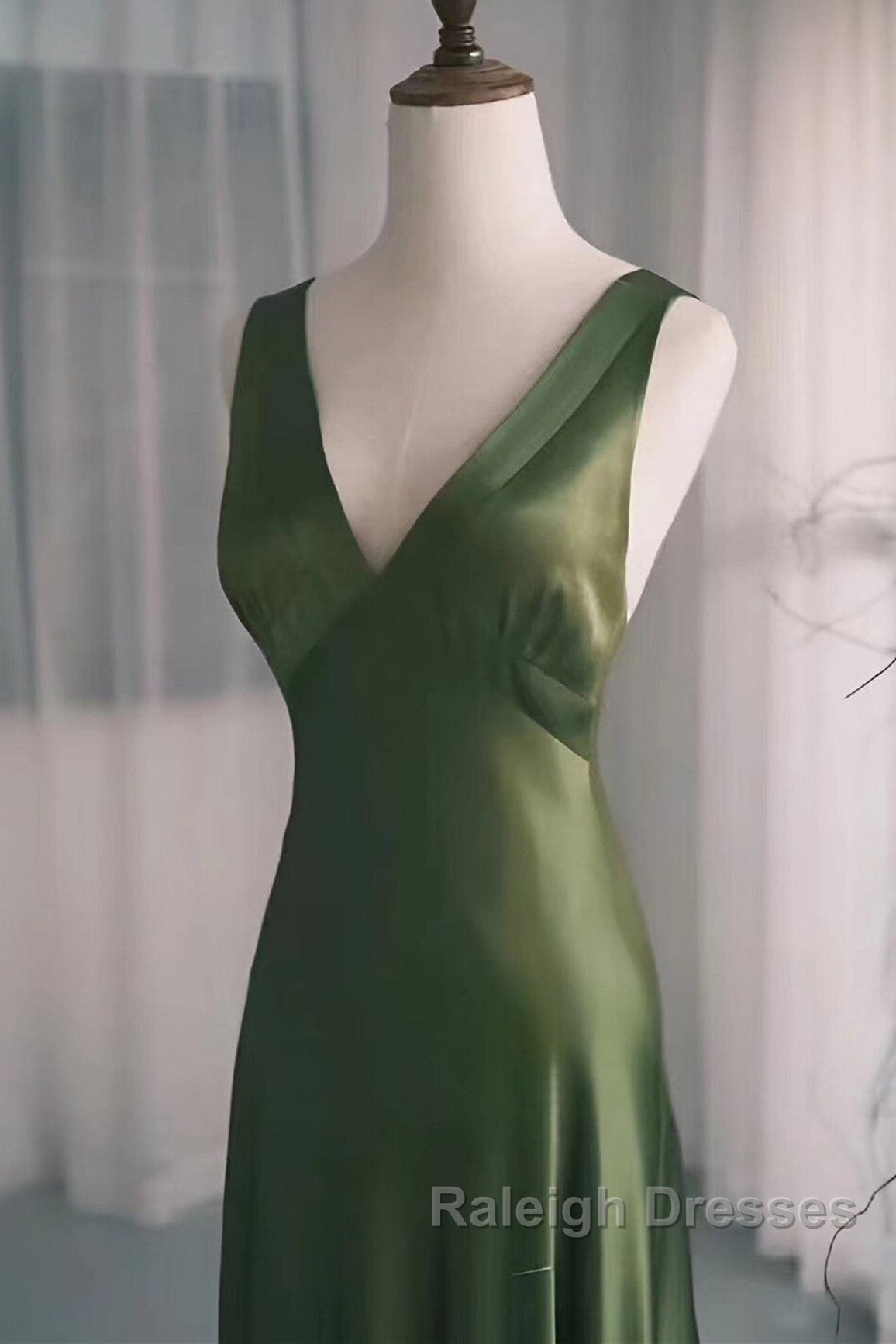 A-Line Green Satin V-Neckline Low Back Prom Dress, Green Evening Dress Secondary image