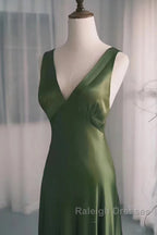 A-Line Green Satin V-Neckline Low Back Prom Dress, Green Evening Dress