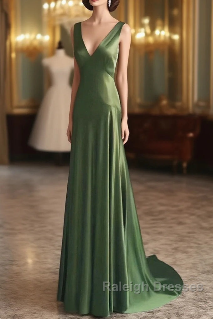 A Line Green Satin V Neckline Low Back Prom Dresses Green Prom Dresses