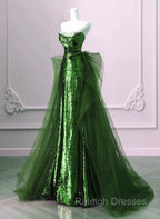 A-Line Green Sequins And Tulle Long Party Dress, Green Evening Dress Formal Dress