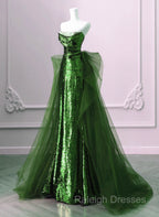 A Line Green Sequins And Tulle Long Prom Dress, Green Prom Dress Formal Dress