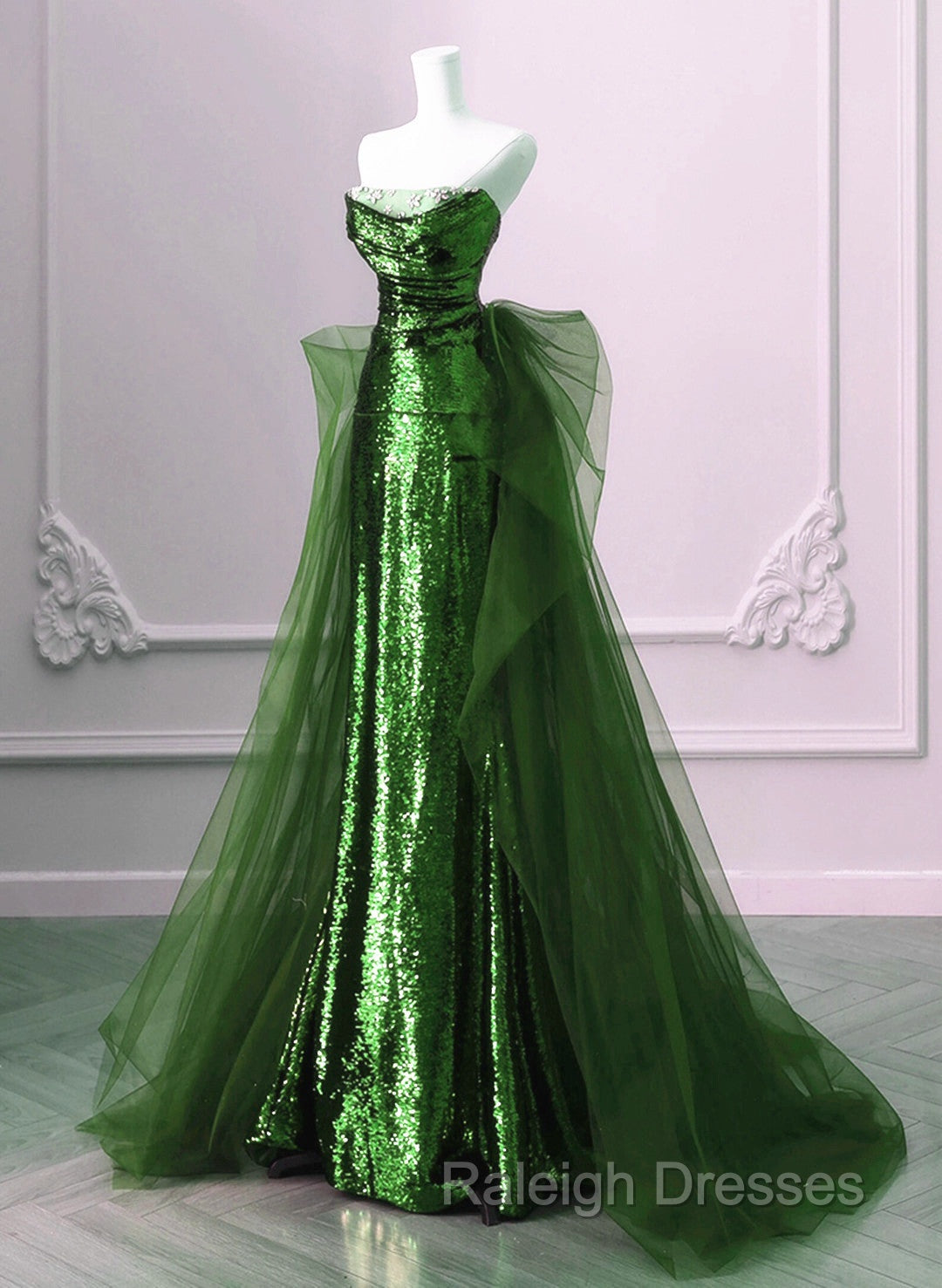 A Line Green Sequins And Tulle Long Prom Dress, Green Prom Dress Formal Dress