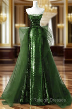 A-Line Green Sequins And Tulle Long Party Dress, Green Evening Dress Formal Dress