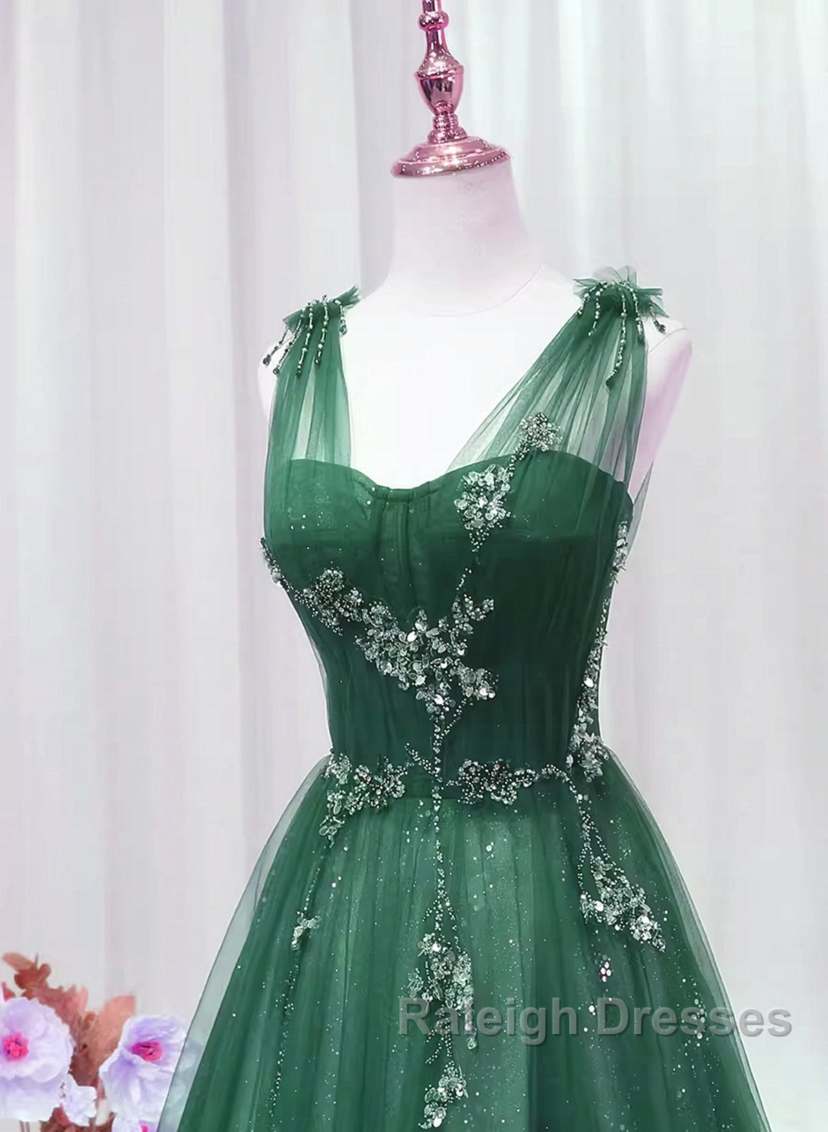 A-Line Green Sweetheart Beaded Tulle Prom Dress, Green Tulle Long Evening Dress Secondary image