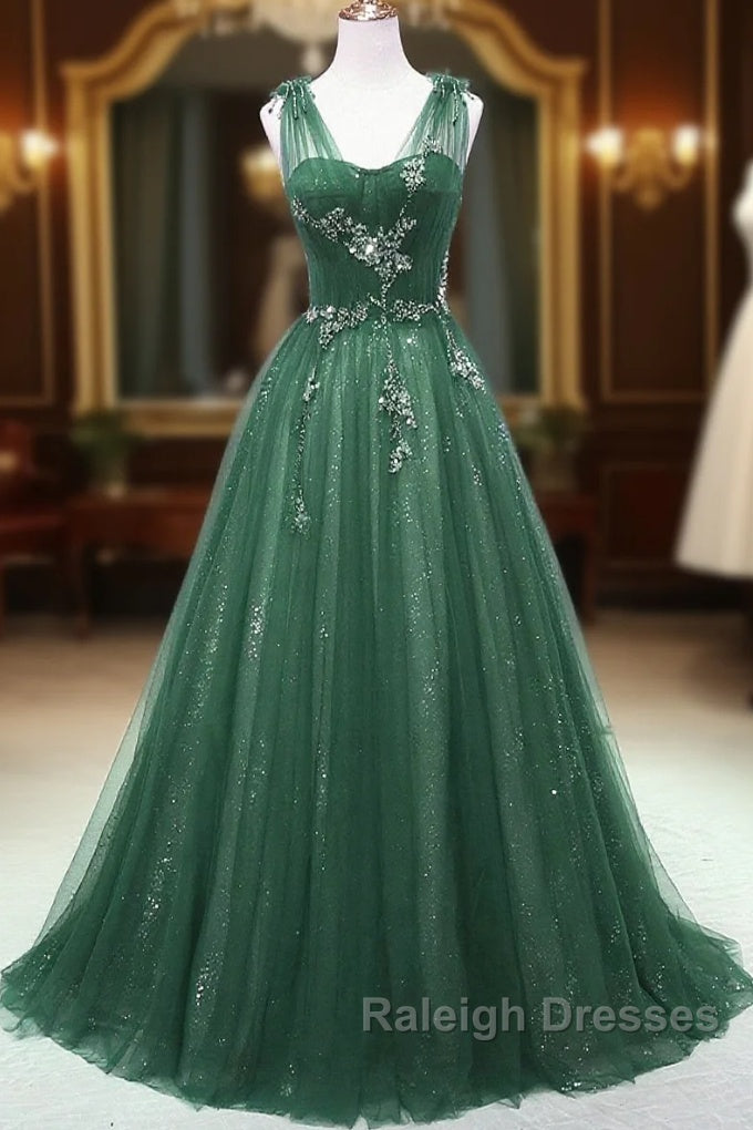 A-Line Green Sweetheart Beaded Tulle Prom Dress, Green Tulle Long Evening Dress Main image