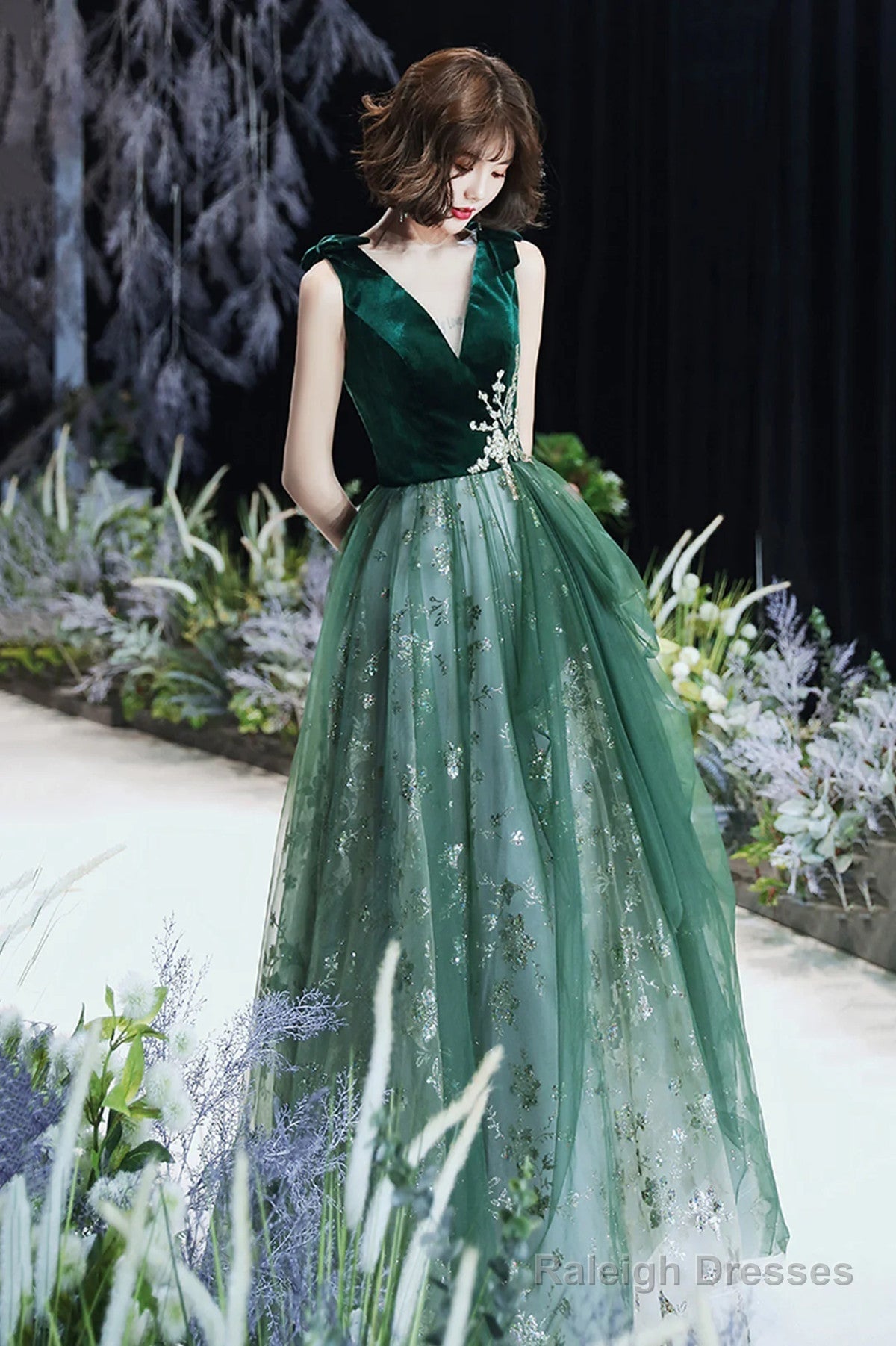 A-Line Green Tulle And Velvet Long Formal Dress, Green Tulle Party Dress Prom Dress Secondary image