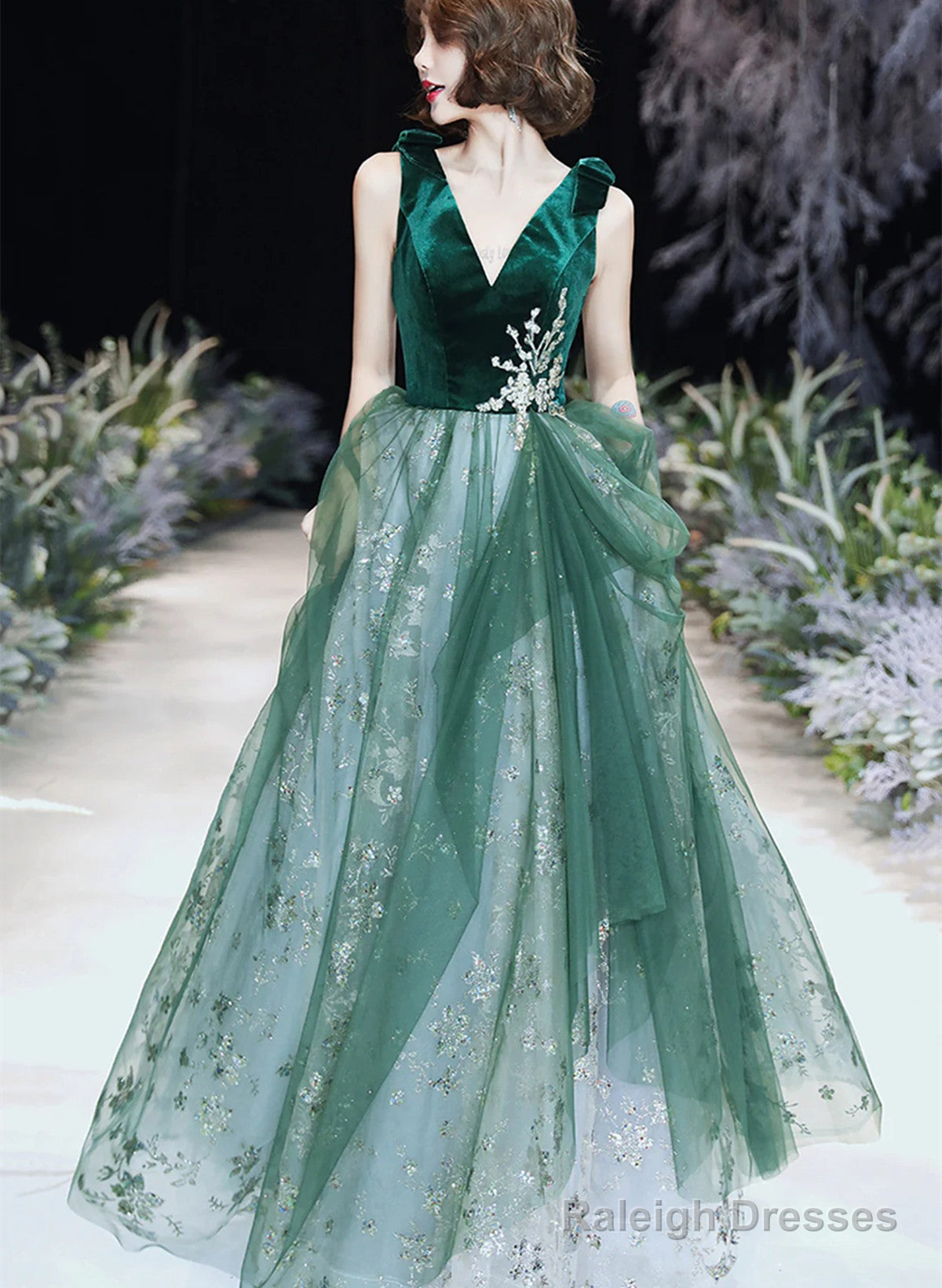 A-Line Green Tulle And Velvet Long Formal Dress, Green Tulle Party Dress Prom Dress Main image