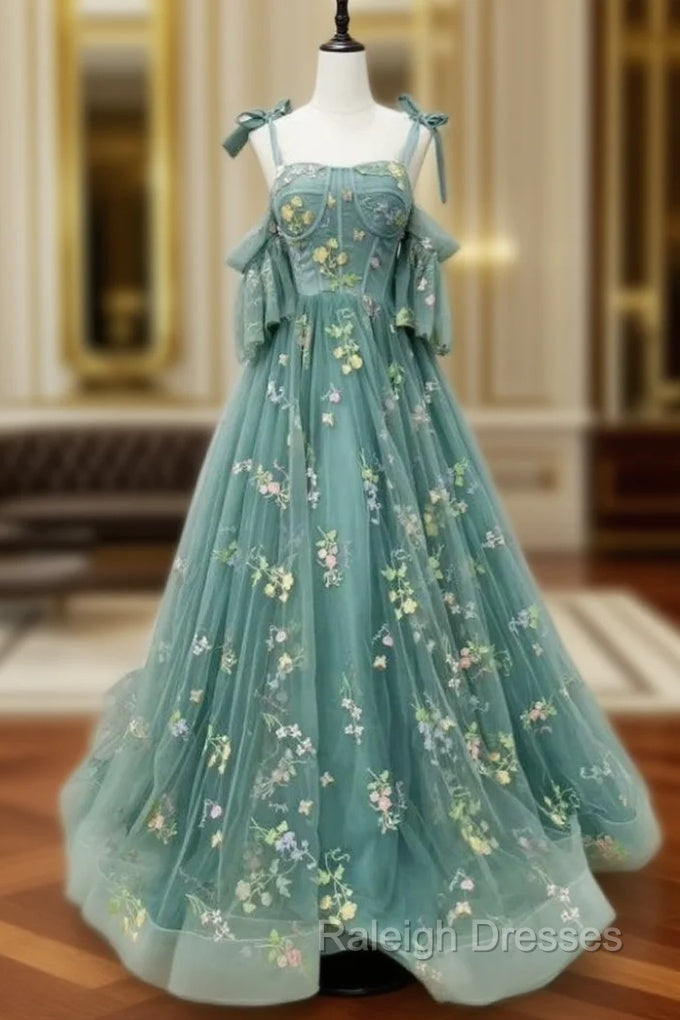 A Line Green Tulle Embroidery Straps Prom Dresses Main image