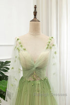 A Line Green Tulle Gradient Long Prom Dresses Green Floor Length Prom Dresses