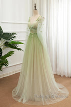 A Line Green Tulle Gradient Long Prom Dresses Green Floor Length Prom Dresses